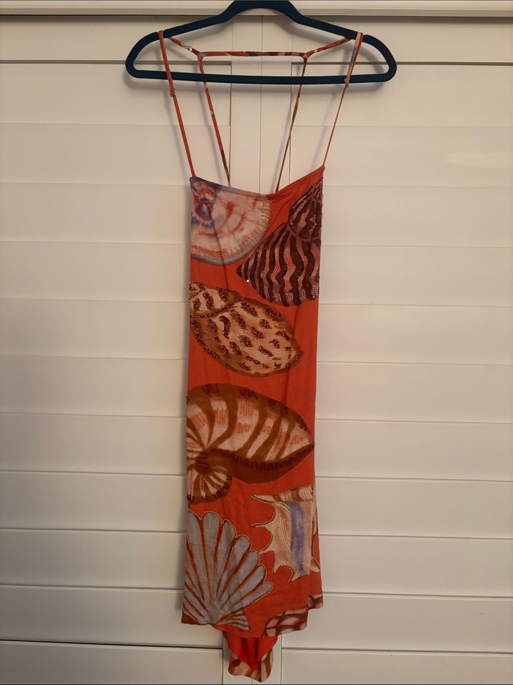 Women's Orange Shell-Print Midi Dress with Spaghetti Straps
